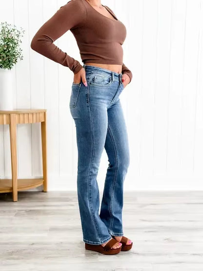 Tummy Control Bootcut Jeans Women'S Flared Vintage Stretch Casual High Waist Full Length Slim Wide Leg Streetwear