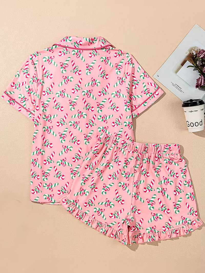 Casual Y2K Lace up Bow Pajama Sets Women 2 Piece Shorts Cute Short Sleeve Matching Lounge Shirts Sets 90S Santa Claus Pajamas