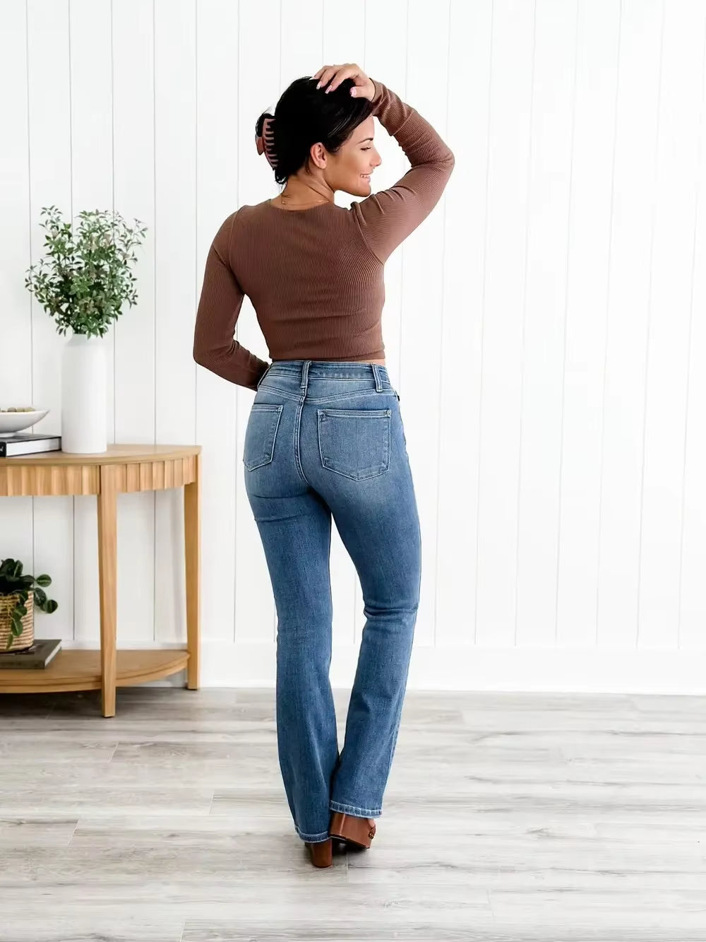 Tummy Control Bootcut Jeans Women'S Flared Vintage Stretch Casual High Waist Full Length Slim Wide Leg Streetwear