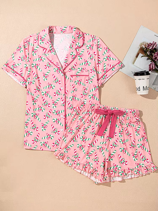 Casual Y2K Lace up Bow Pajama Sets Women 2 Piece Shorts Cute Short Sleeve Matching Lounge Shirts Sets 90S Santa Claus Pajamas